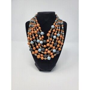 VINTAGE JAPAN SIX STRAND BEADED NECKLACE COPPER BRONZE BROWN BLUE HOOK CLOSURE